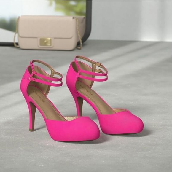 📷🔥Hot Pink Faux Suede Leather Double Ankle Strap Platform Heels Size 7.5 - Picture 1 of 6